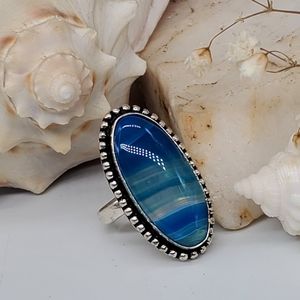 Genuine Agate Light Blue Stone Silver 925 Ring